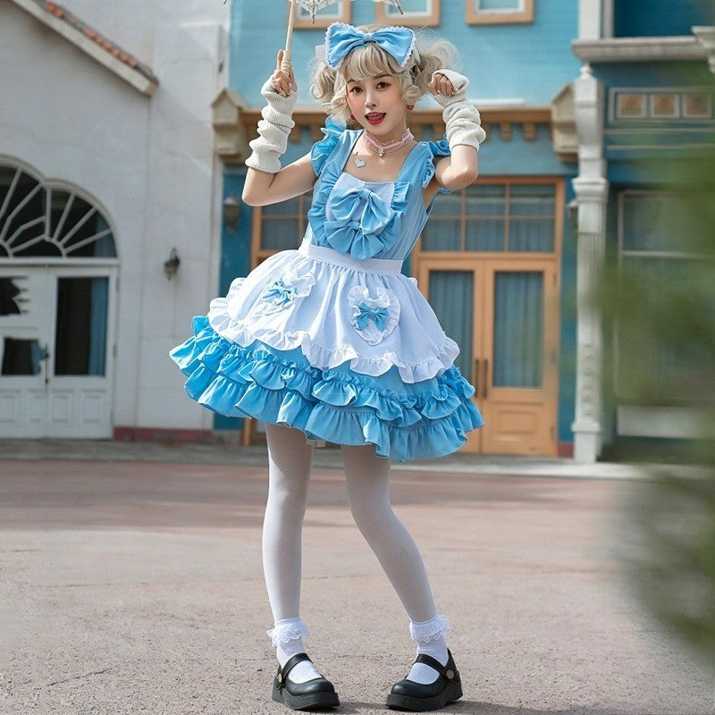 Japanese Cafe Blue Alice Maid Outfit, Cute Cosplay Puffy Dress, Sweet Princess Costume For Role Play Party Daily Casual Wear