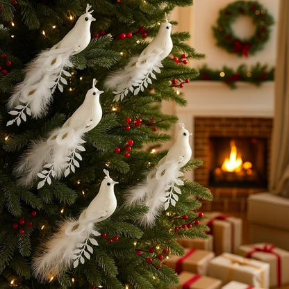 Long Tail Christmas Peacock Ornaments Realistic Glimmering Feather Peacock Bird Figurine Handmade with Clip Christmas Tree Decor