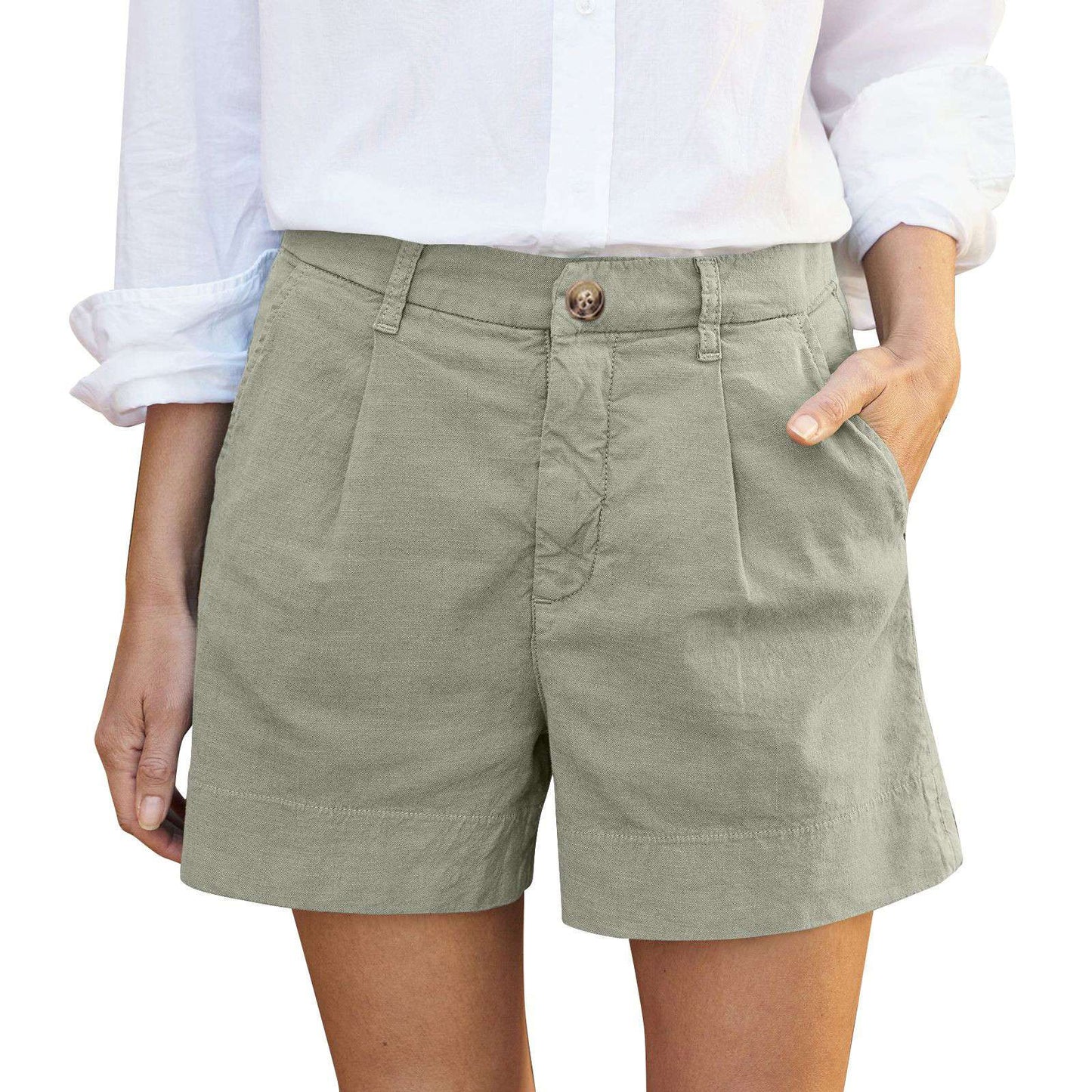 Cotton Linen Solid Shorts For Women Button High Waist Summer Loose Casual Pockets Shorts Female Pants Women Clothing