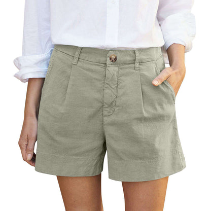 Cotton Linen Solid Shorts For Women Button High Waist Summer Loose Casual Pockets Shorts Female Pants Women Clothing