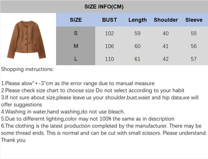 NERHEFZ Autumn Women Leather Jacket with Flared Hem Long Sleeve O Neck Button Jacket Causal Lady Coats Female Tops