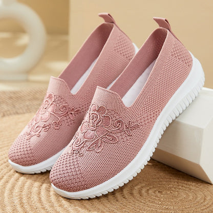 Women's Fashion Vulcanised Trainers 2025 Round Toe Breathable Flower Mesh Casual Flat Slip-On Women's Casual Vulcanised Shoes