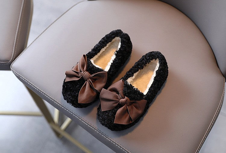 Girls Winter Shoes Cotton-padded Warm Cotton Fur Fluffy Children Flats Kids Loafers Slip-on Princess Sweet Anti-slippery Bowtie