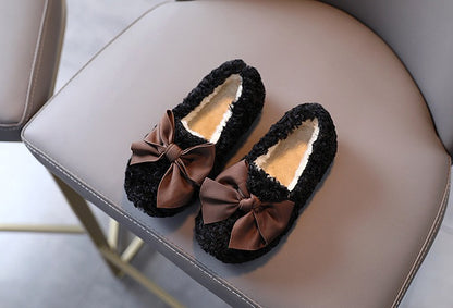 Girls Winter Shoes Cotton-padded Warm Cotton Fur Fluffy Children Flats Kids Loafers Slip-on Princess Sweet Anti-slippery Bowtie