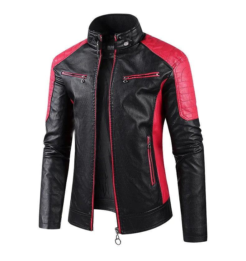 Aviator Full Zip Outerwear Men's Stand Collar Leather Jacket Fall Trendy Color Coats Block Motor Biker Jacket Classic Jacket