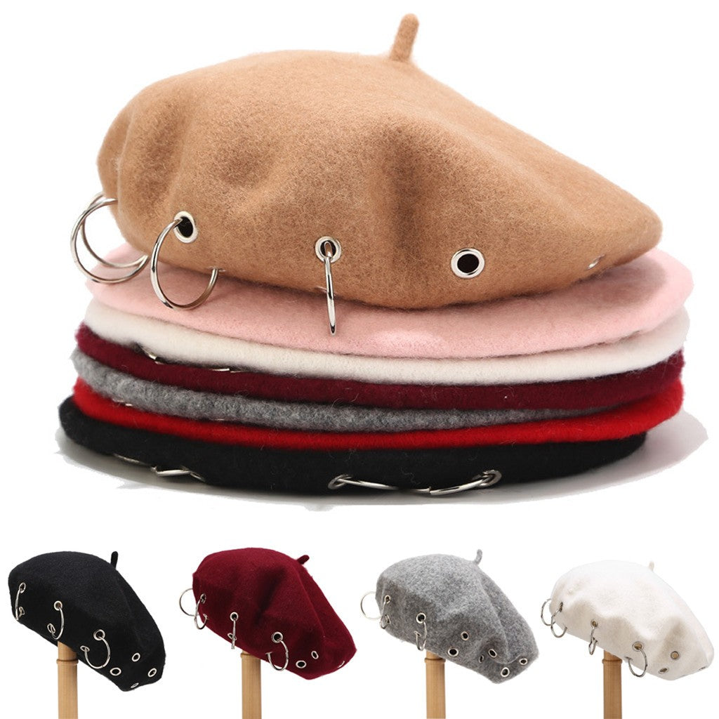 Fashion Winter Berets For Women girl Punk Rock Style Iron Rings Beret Caps Retro Wool Hats Black Woolen Painter Caps