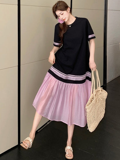 NYFS 2025 Summer Dress Loose plus Size Black Patchwork Pink Hem Long Dresses Robe Elbise Short Sleeve Korean Style Woman Dress