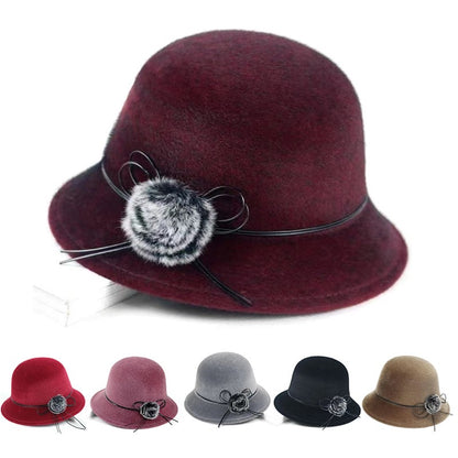 Flat Top Fedoras Hats for Women Solid Color Imitation Woolen Jazz Cap Elegant British Wide Brim Ladies Caps Bowler Hats Fedora