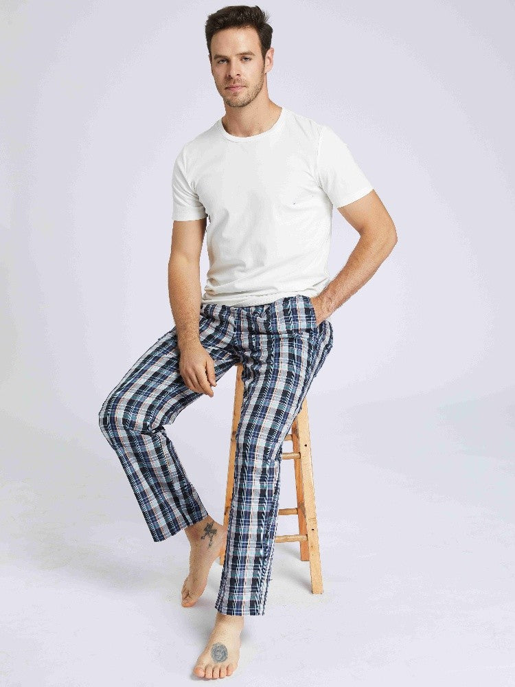 3pcs Men's Pajama Bottoms Spring/Summer Cotton Thin Plaid Sleep & Lounge Pants with Pockets and Elastic Waistband