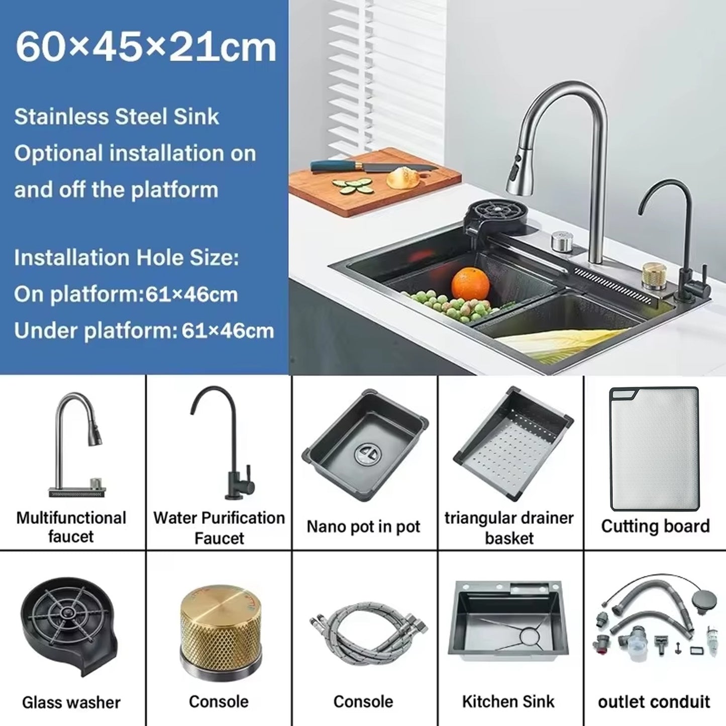 304 Stainless Steel Waterfall Kitchen Sink Sink Large Single basin With Large Single Slot Sink Above Counter With Cup Disher