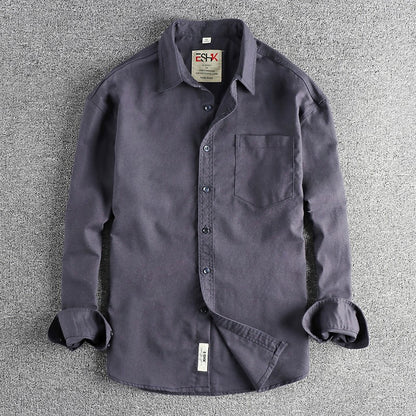 2025 Spring New Japanese Retro Long Sleeve Lapel Cotton and Linen Cargo Shirt Men's Simple Single Pocket Casual Loose Blouses