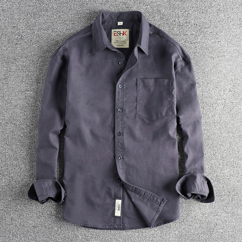 2025 Spring New Japanese Retro Long Sleeve Lapel Cotton and Linen Cargo Shirt Men's Simple Single Pocket Casual Loose Blouses