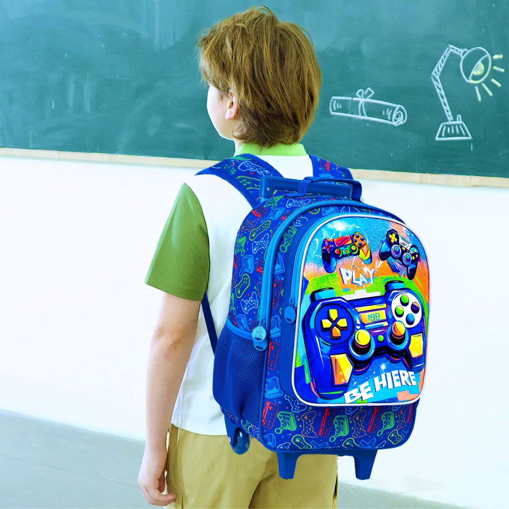 Mochila de Rodinhas 3 Peças para Meninos, Mochila Escolar com Rodinhas para Crianças, Mochila Escolar com Rodinhas Gamer para Pré-escola e Ensino Fundamental