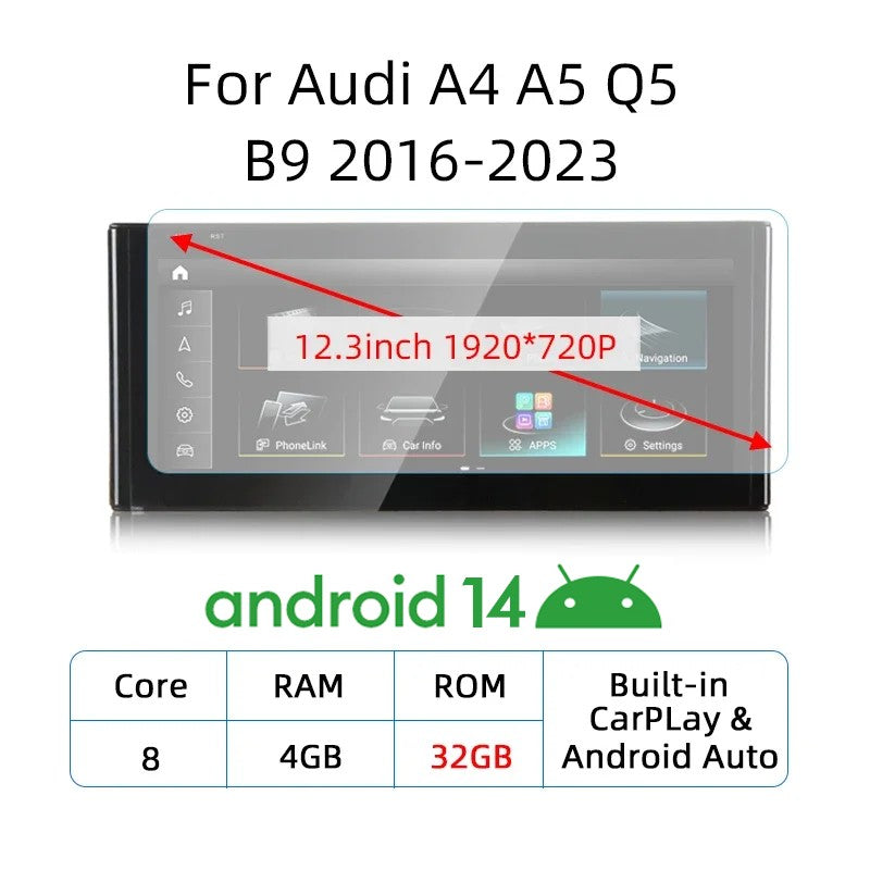 Tela sensível ao toque Android 14 Carplay de 12,3 polegadas para Audi A4 A5 Q5 B9 2016-2023, rádio estéreo de carro, reprodutor multimídia, Wi-Fi, 4G, navegação GPS