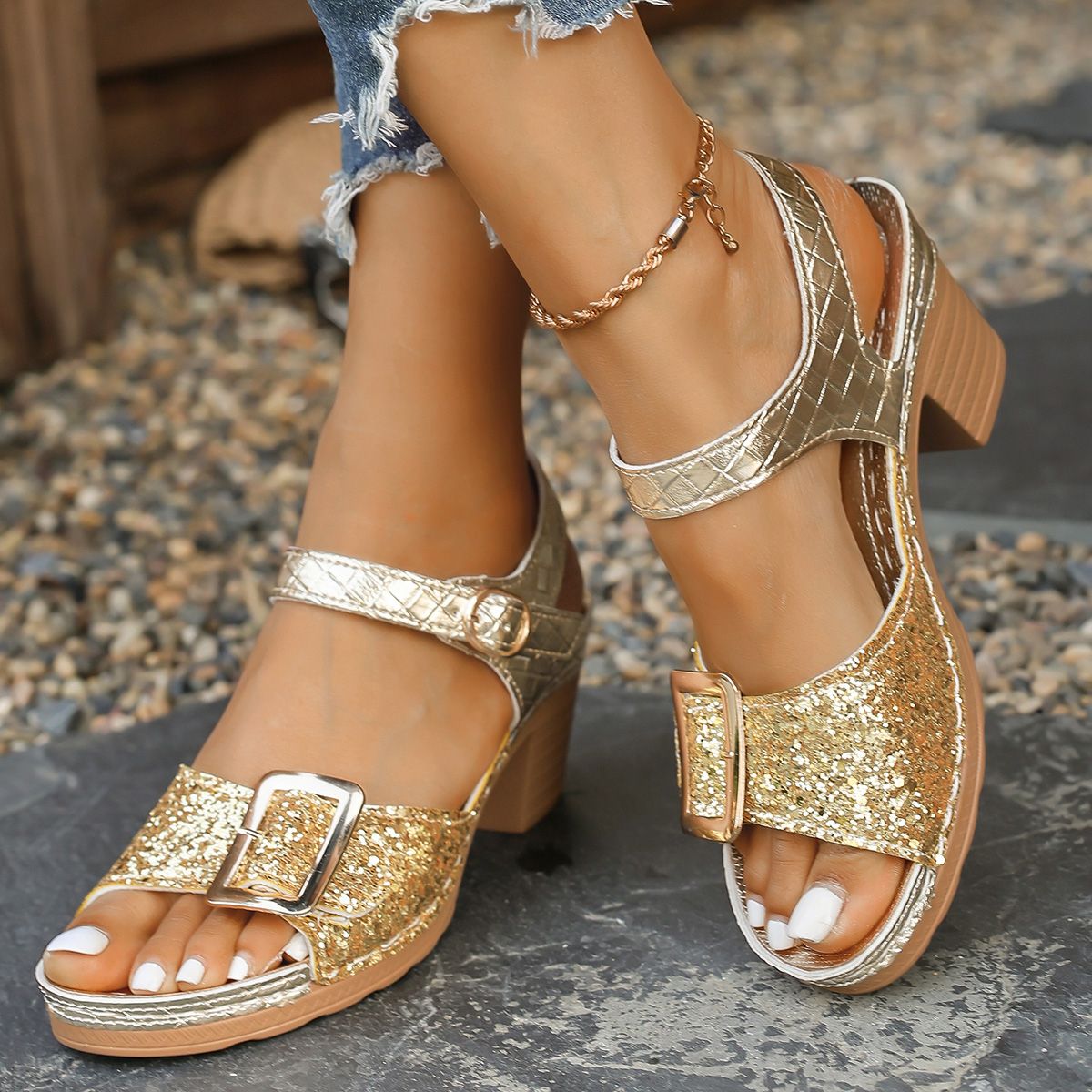 Women's Shiny Sequin High Heels Sandals Summer Ankle Buckle Beach Sandals Casual Woman Plus Size 43 Women's Shoes