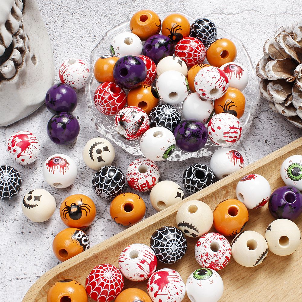 10pcs 16mm Wooden Spacer Beads Halloween Print Spider Eye Witch Bloodstain Ghost Face Mask Beads For Making Bracelet Necklace