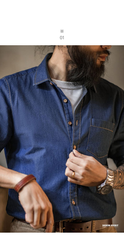 Maden Men Vintage Single Pocket Workwear Denim Shirt Long Sleeved Slim Fit Casual Shirt Single Breasted Turn-Down Collar Blouse