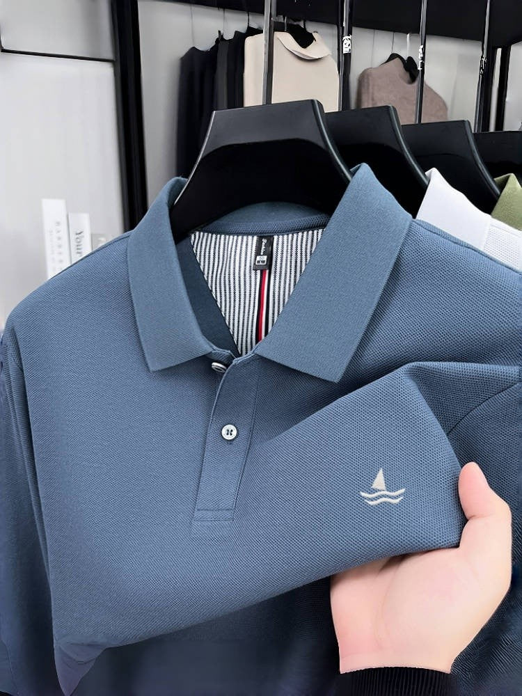 100% pure cotton spring and autumn fashionable men's collar striped long sleeved polo shirt brand sailboat embossed design casua