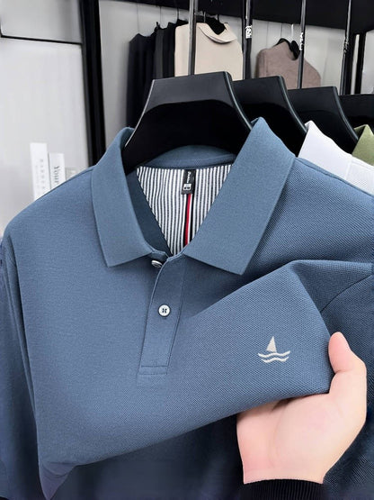 100% pure cotton spring and autumn fashionable men's collar striped long sleeved polo shirt brand sailboat embossed design casua