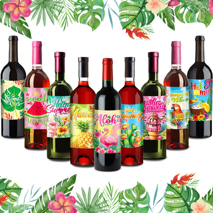 9pcs Hawaii Themed Party Wine Bottle Stickers Pink Flamingo Pineapple Stickers Summer Beach Party Supplies Decoration 4.02×5inch