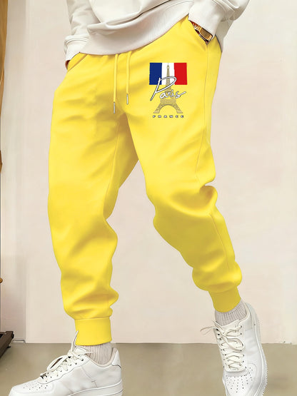 Calça de Moletom Masculina Estampada Torre Eiffel Paris França Bolso Y2K Cintura Elástica Calça Versátil Outono Moda Casual