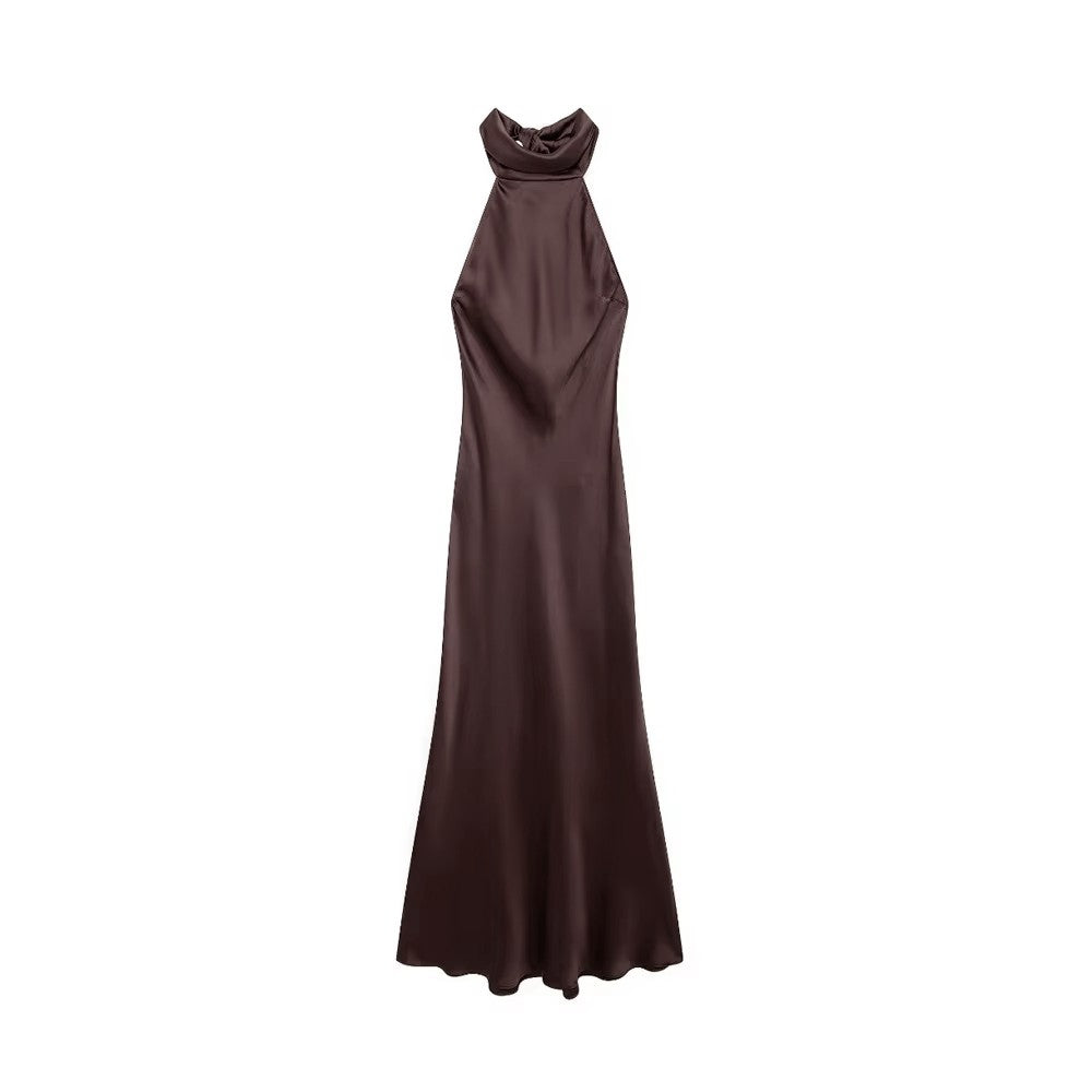 TRZA-Women's Long Satin Halter Dress, Backless, Bow Tied, Back Zipper, Female Dr