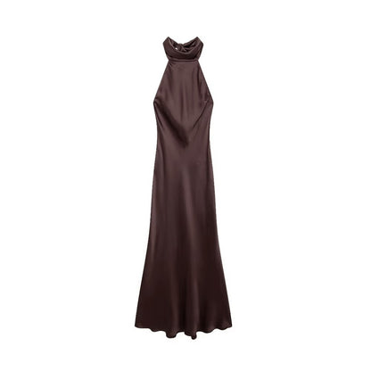 TRZA-Women's Long Satin Halter Dress, Backless, Bow Tied, Back Zipper, Female Dr