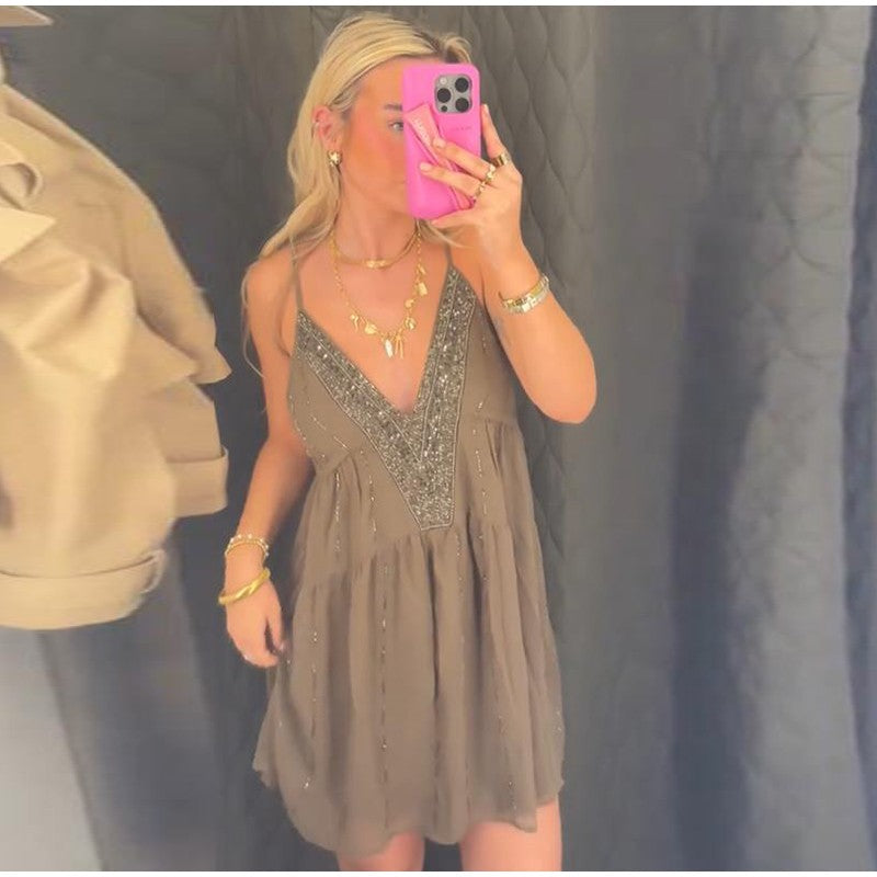 Sequins Bead Snowflake Midi Dress Women Fashion Sleeveless Backless Ruffle Pleat