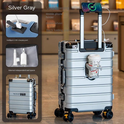Malas de viagem aprimoradas: mala de 20 polegadas e mala de grande capacidade de 28 polegadas com rodinhas silenciosas com freio, porta-copos e porta de carregamento USB