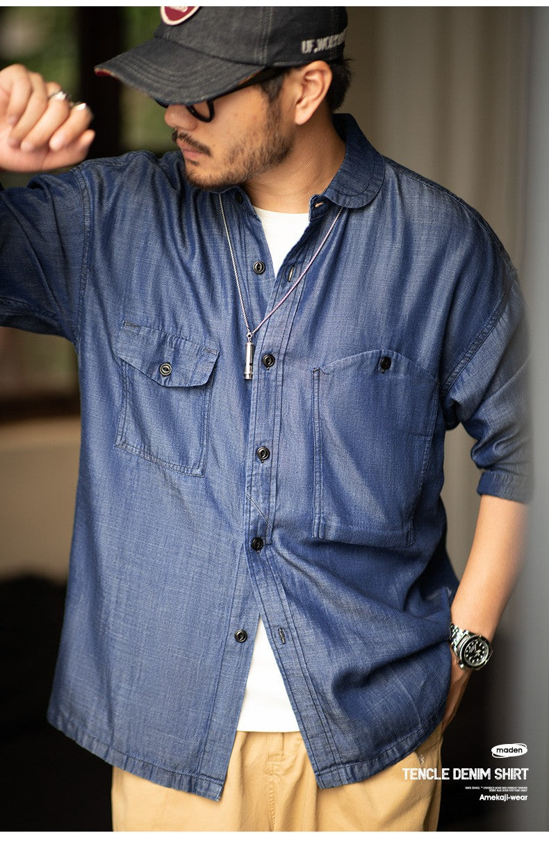 Maden 2023 Autumn Men's Vintage Tencel Denim Shirts Amekaji Lycra Long Sleeve CPO Shirt Jacket Uncle Fu Brand Luxury Jean Blouse