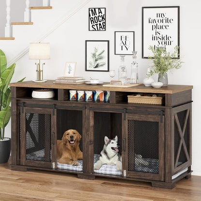 Móveis de Caixa para Cachorros de 180cm para 2 Cães, Canil com 3 Gavetas de Armazenamento e Divisória Removível, Gaiola Dupla Extra Grande para Cães como Suporte de TV