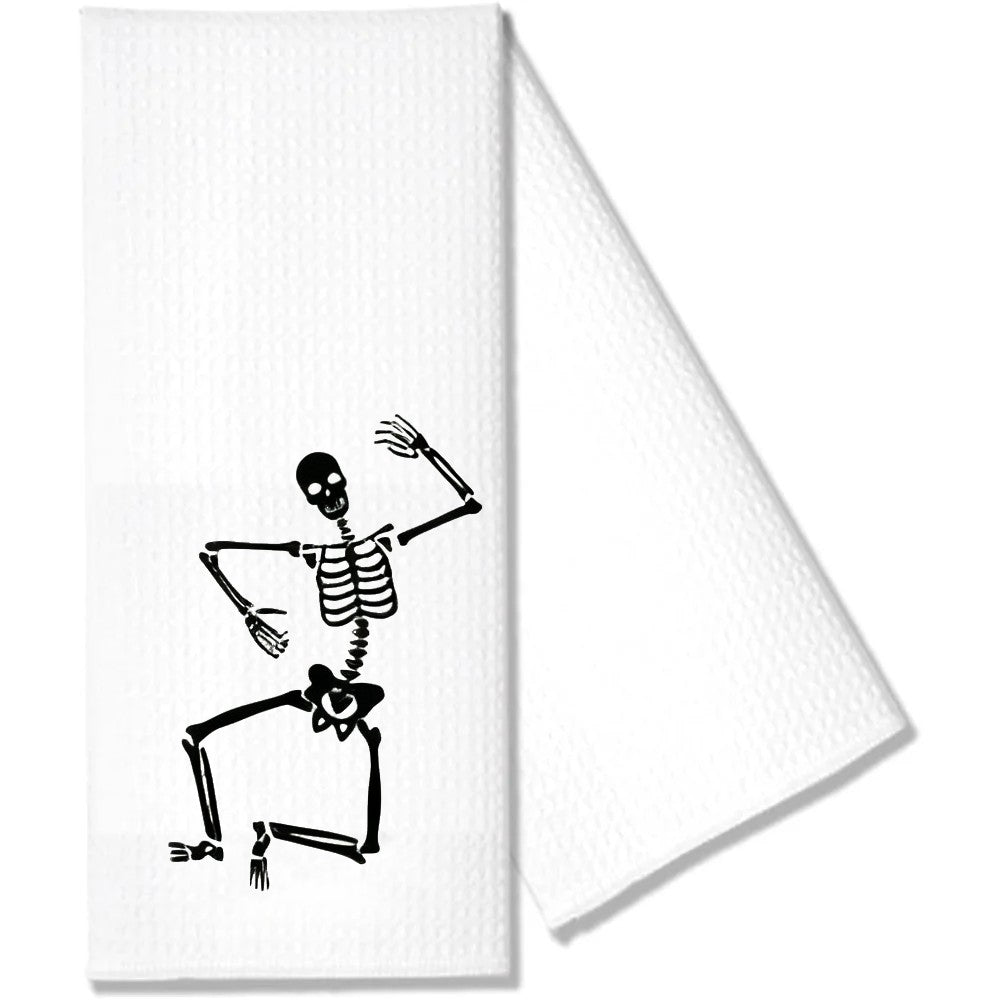 Skeleton Waffle Tea Towel Halloween Spooky Goth Season Kitchen Table Decoration Dancing Skeleton Towel Housewarming Hostess Gift