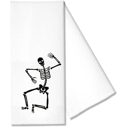 Skeleton Waffle Tea Towel Halloween Spooky Goth Season Kitchen Table Decoration Dancing Skeleton Towel Housewarming Hostess Gift
