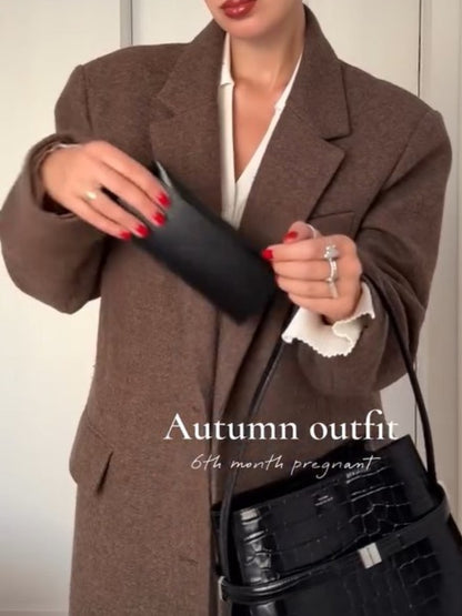 Women Shoulder Pad Wool Long Coats Fashion Lapel Single-breasted Long Sleeve Coat Chic 2025 Autumn Lady Commute Street Outerwear