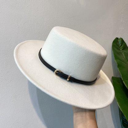 Chapéu Fedora de Lã Feminino com Fivela Decorada Aba Reta Feltro Retrô Jazz Boné Inverno Outono Quente Estilo Britânico Boater
