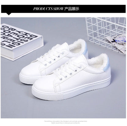 Tênis Feminino de Inverno, Quente, Pelúcia, Sola Vulcanizada, Plataforma, Algodão, Cadarço, Branco, Com Pelúcia, Casual
