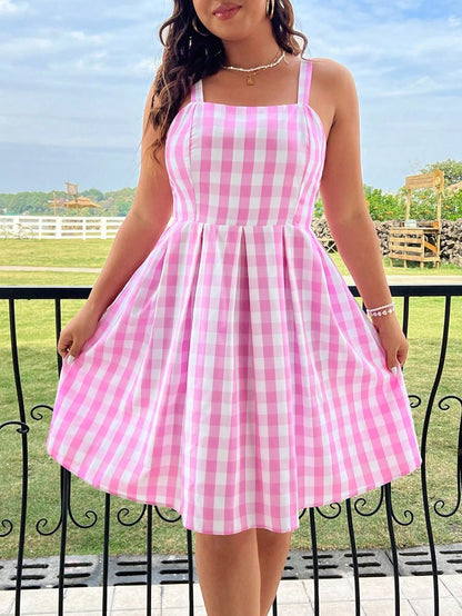 Plus Size Spring/Summer New Arrival Strapless Backless Dress Full Skirt Hem Holiday Beachwear Pink Checkered Dress