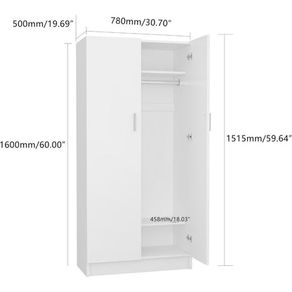 2 Door Wardrobe Closet Storage Cupboard, with Rail and Shelves Bedroom Armoires