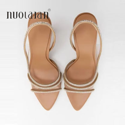 2025 Women Summer Rhinestone Slingback Pumps Office Lady Transparent Heeled Sandals Elegant Pointed Toe Female Sexy High Heels