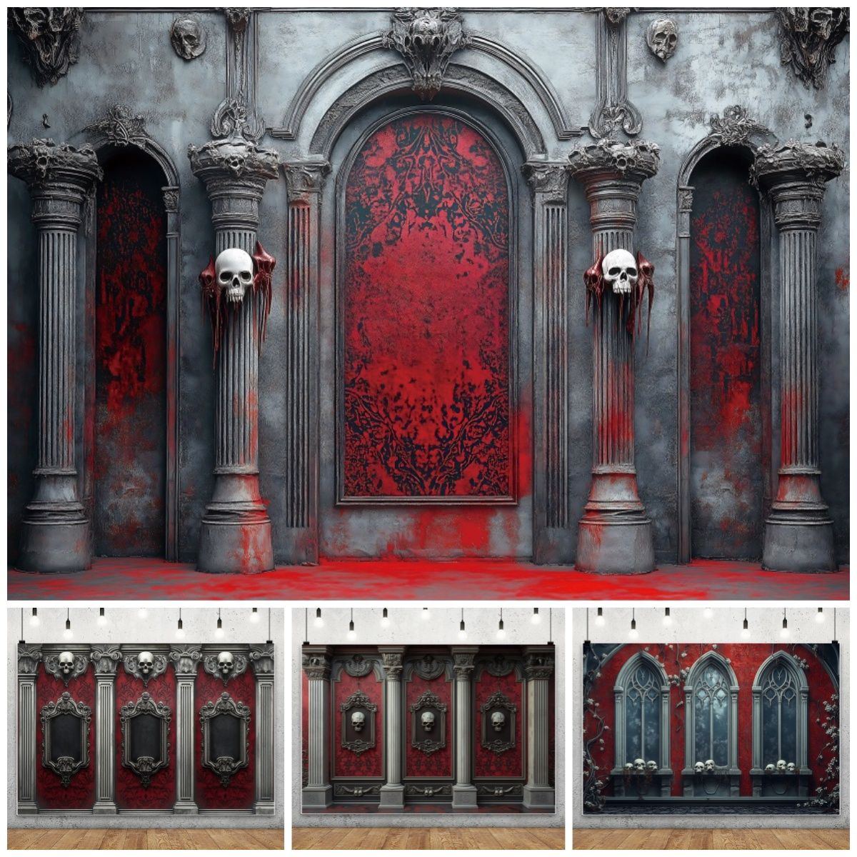 Halloween Photography Backdrops Medieval Castle Palace Horror Red Wall Curtain Skull Adults Portrait Decoration Photo Background
