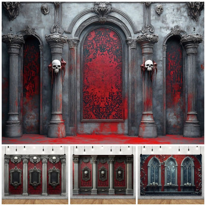 Halloween Photography Backdrops Medieval Castle Palace Horror Red Wall Curtain Skull Adults Portrait Decoration Photo Background