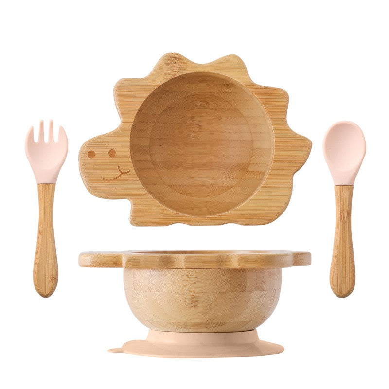 Baby Wooden Tableware Set Could Bamboo Wooden Plate Bowl Silicone Suction Wooden Handle Fork Spoon for Children Feeding Supplies