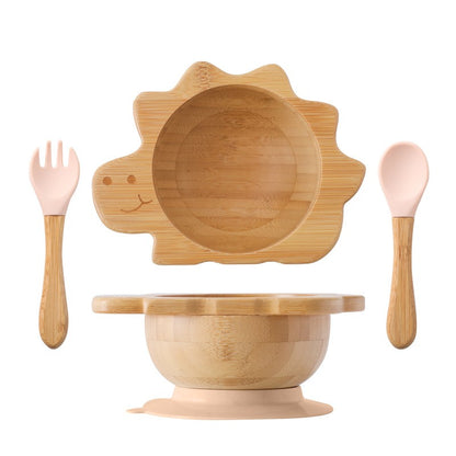 Baby Wooden Tableware Set Could Bamboo Wooden Plate Bowl Silicone Suction Wooden Handle Fork Spoon for Children Feeding Supplies