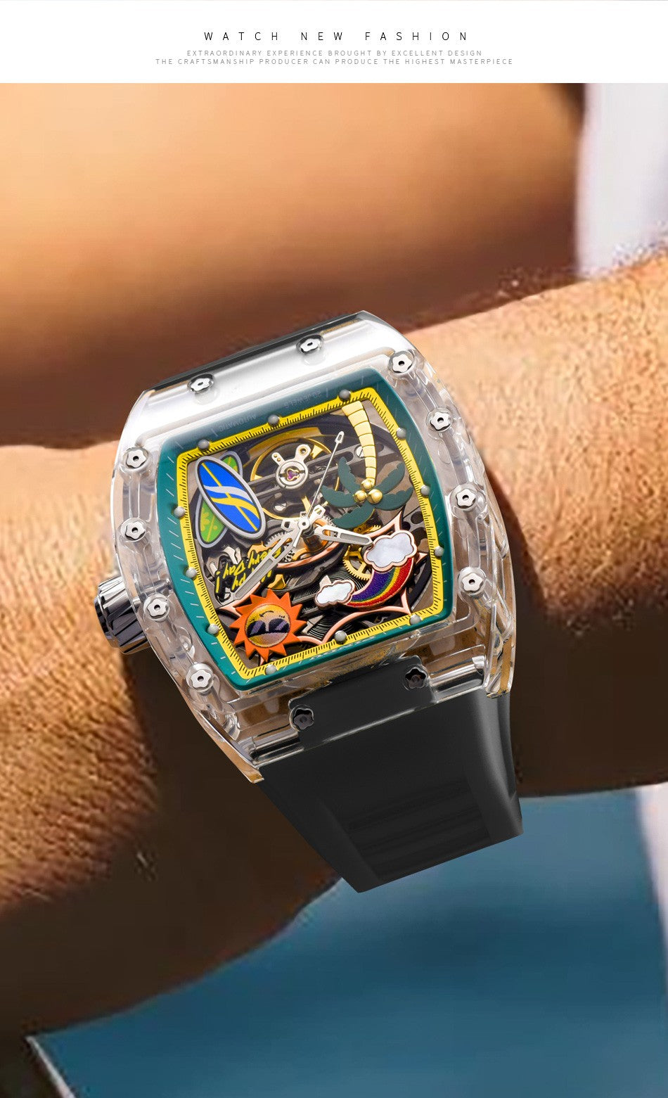 New PINDU Watch Unique Dial Design Style Men Mechanical Watch Summer Beach Fashion Watch Glowing Waterproof Resin silicone strap