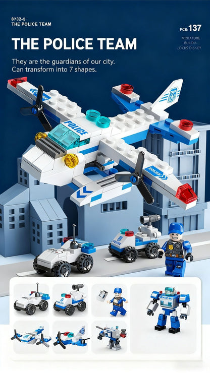6 in 1 Mega City Building Set - Police Car, Fire Truck, Crane, Tank, Helicopter & More, Construction Engineering Toys Gift