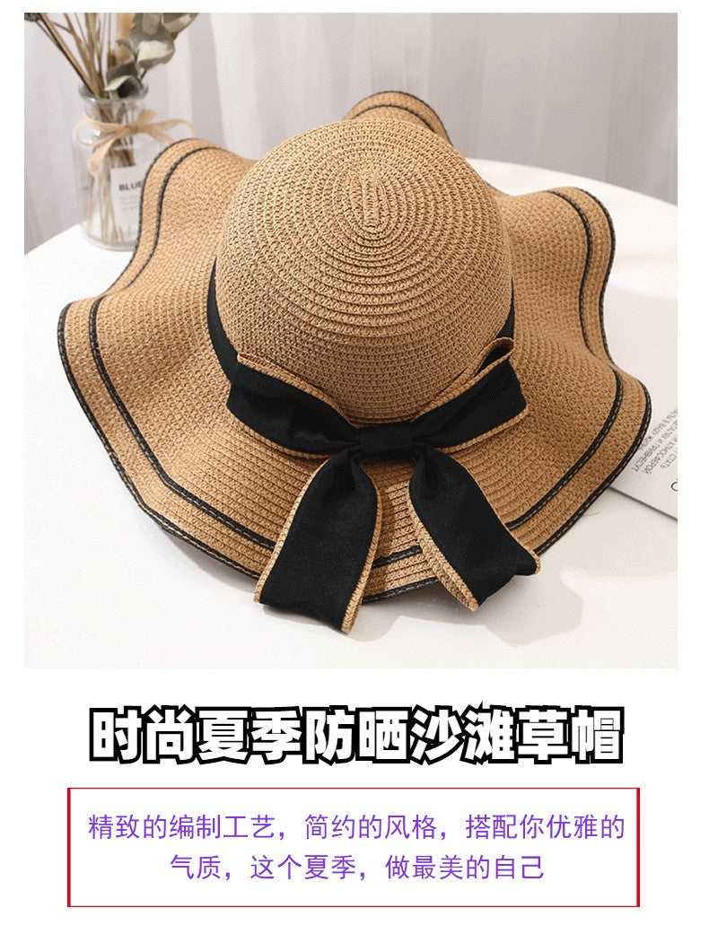 Beach HatJapanese Everything Hairy Edge Straw Hat Female Summer dome  Top Outing Sun Hat Small Fresh Bow Sun Shade Beach Hat