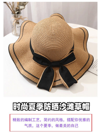 Beach HatJapanese Everything Hairy Edge Straw Hat Female Summer dome  Top Outing Sun Hat Small Fresh Bow Sun Shade Beach Hat