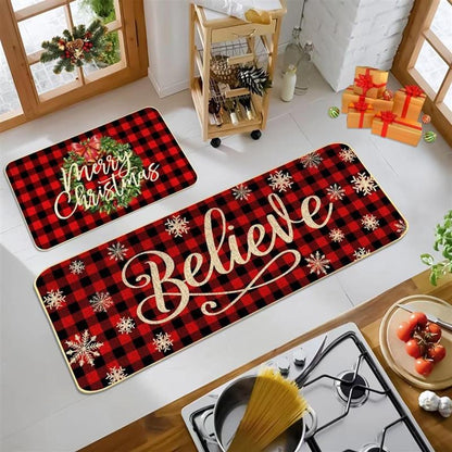 VIKAMA Christmas Eve Kitchen Snowflake Printed Floor Mat Anti-Slip Long Strip Set for Home Entry Area Household Decorative Rug
