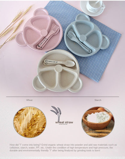 3-Piece Cute Divided Dining Plate for Children's Bowls Solid Color Fork Spoon Sucking Tableware Set with Wheat Material