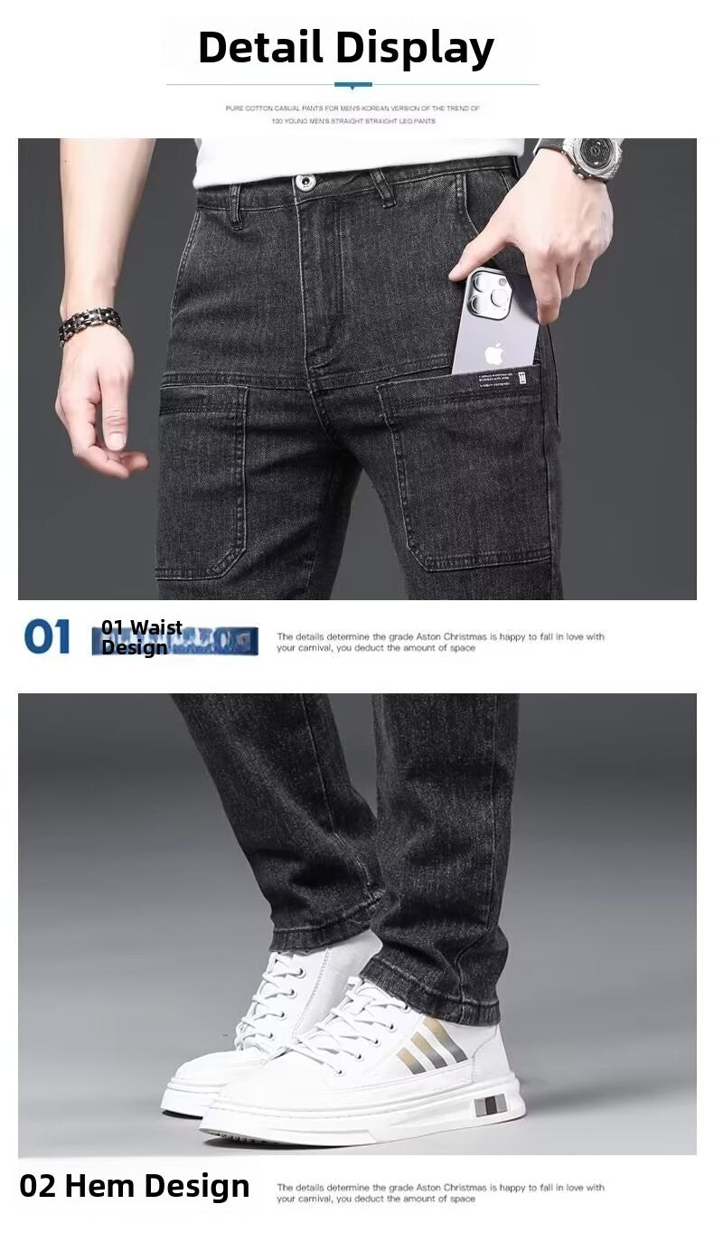 Men's Slim Fit Straight Leg Denim Jeans Flame Retardant Stretch Autumn Thin Faionable Long Pants Casual Wear Youth Sle